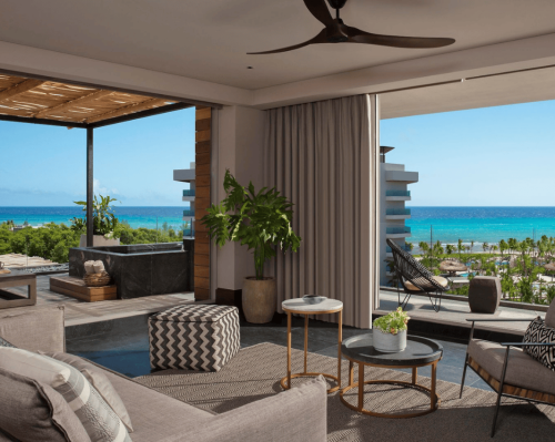 elegant and bright suite with a private terrace, jacuzzi, and panoramic view of the caribbean sea secrets moxché playa del carmen